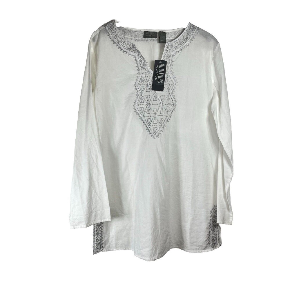 chicos M 1 White Embroidered Silver Metallic blouse shirt top